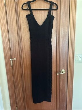 JLUXLABEL Black Knit Maxi Dress with V-Neck and Braided Side